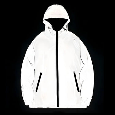 White reflective jacket with black zippers on a black background